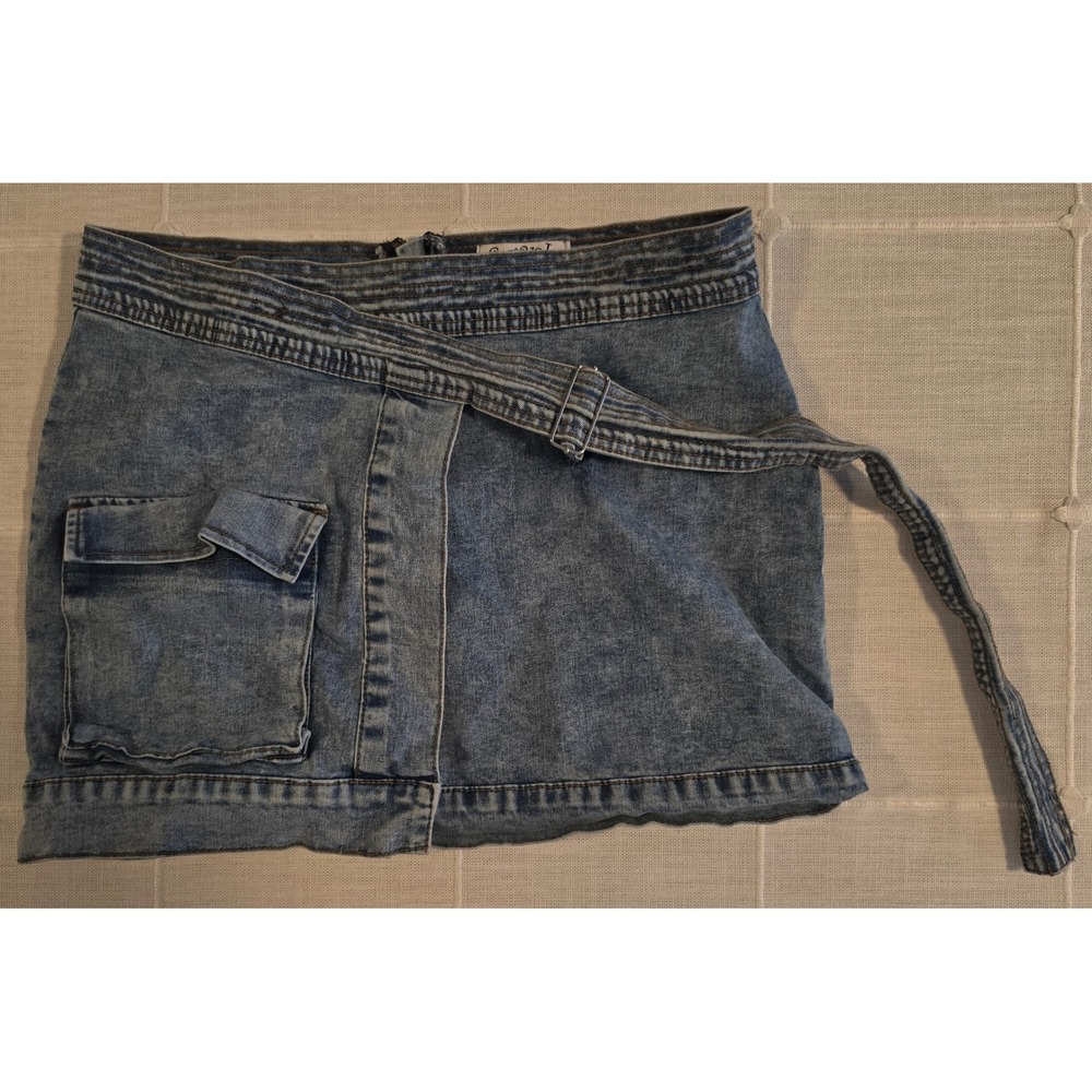 Swank A Posh Denim Mini Skirt Medium Wash Cargo Pocket Wrap Belted Y2K Style M